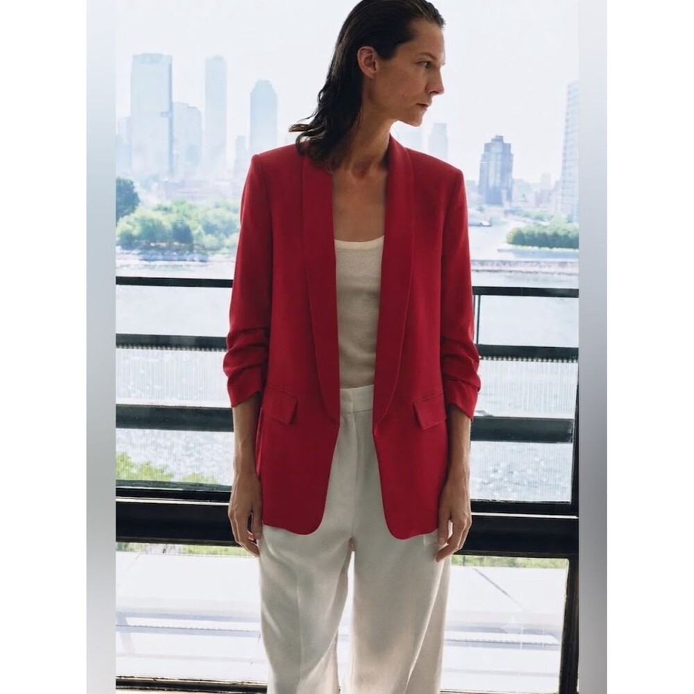 Zara Poppy / Tomato Red Tailored Crepe Blazer Jacket Sz M Cool Girl Chic Office